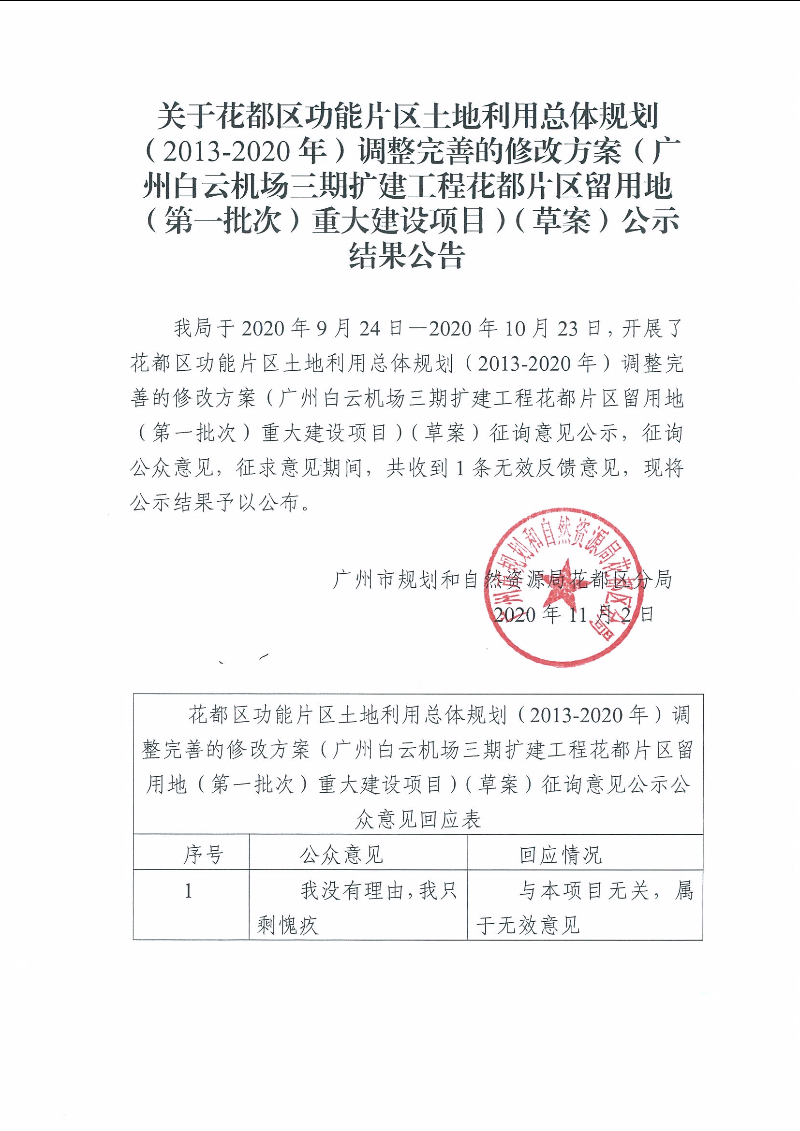 关于澳门金沙娱乐城官网区功能片区土地利用总体规划（2013年-2020年）调整完善的修改方案（广州白云机场三期扩建工程澳门金沙娱乐城官网片区留用地（第一批次）重大建设项目（草案）公示结果公告.jpg